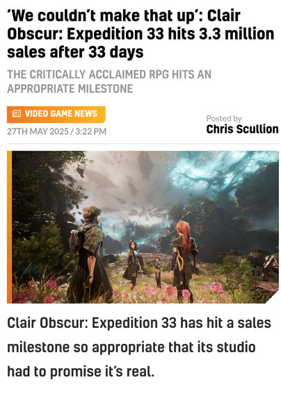 ‘We couldn't make that up’: Clair
Obscur: Expedition 33 hits 3.3 million
sales after 33 days
THE CRITICALLY ACCLAIMED RPG HITS AN
APPROPRIATE MILESTONE
Clair Obscur: Expedition 33 has hit a sales
milestone so appropriate that its studio
had to promise it’s real.