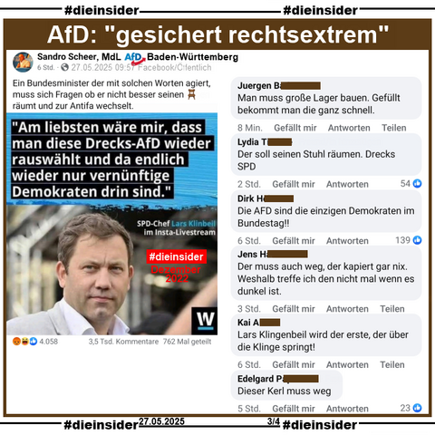 Sandro Scheer, MdL AfD Baden-Württemberg teilt ein Sharepic von Watson vom 22.12.2022 mit Lars Klingbeil und "Am liebsten wäre mir, dass man diese Drecks-AfD (aus dem Bundestag) wieder rauswählt (bei der nächsten Bundestagswahl) und da endlich wieder nur vernünftige Demokraten drin sind." und postet "Ein Bundesminister der mit solchen Worten agiert, muss sich Fragen ob er nicht besser seinen räumt und zur Antifa wechselt." dazu.
Dabei ging es um die Razzia im Reichsbürger-Milieu mit u.a. der ehemaligen AfD-Abgeordnete Birgit Malsack-Winkemann, die festgenommen wurde und wie momentan die Sicherheitsvorkehrungen im Reichstagsgebäude sind.

Wir zeigen auf Slide 3 u.a. die Kommentare 
"Man muss große Lager bauen. Gefüllt bekommt man die ganz schnell.", "Der soll seinen Stuhl räumen. Drecks SPD.", "Die AFD sind die einzigen Demokraten im Bundestag!!", "Der muss auch weg, der kapiert gar nix. Weshalb treffe ich den nicht mal wenn es dunkel ist.", "Lars Klingenbeil wird der erste, der über die Klinge springt!" und "Dieser Kerl muss weg."