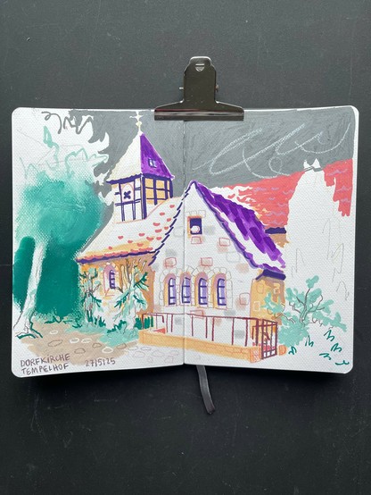 A sketchbook with a sketch of a church, the side view outside. The sky is grey.