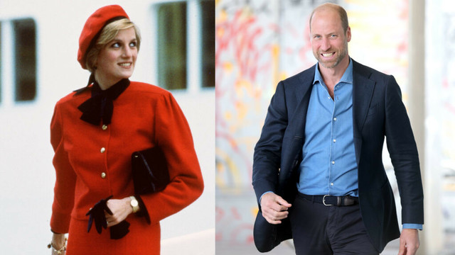 Princess Diana wearing a red suit next to a photo of Prince William walking wearing a blue shirt and navy suit