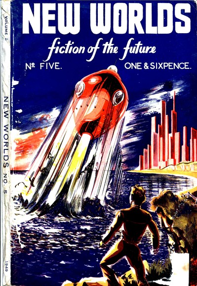 A red ship is seen rising diagonally from a body of water with a futuristic city in the distance. A figure with its back to us is watching from in the foreground.
New Worlds magazine cover from 1949.