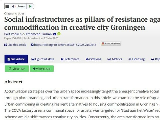 Image of article:
 'Social infrastructures as pillars of resistance against housing commodification in creative city Groningen’, written by Bart Popken and Ethemcan Turhan (both from the Faculty of Spatial Sciences at the University of Groningen).
