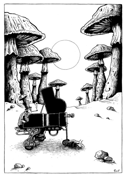 Un étrange pianiste habillé à la mode du 19ème siècle joue dans un désert peuplé de champignons géants. Son piano semble mobile car il est équipé de roulettes. À ses pieds dort une drôle de créature ressemblant à un tatou. Ce dessin  a été inspiré par le morceau de Pink Floyd "Summer 1968".

A strange pianist dressed in 19th-century fashion plays in a desert populated by giant mushrooms. His piano appears mobile because it's equipped with casters. At his feet sleeps a strange armadillo-like creature. This drawing was inspired by the Pink Floyd song "Summer 1968."