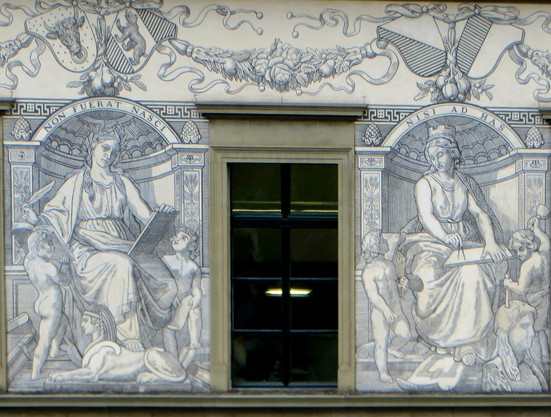 Detail of a window with personifications of the arts and the sciences. Above are the coats of arms of several Swiss cantons.