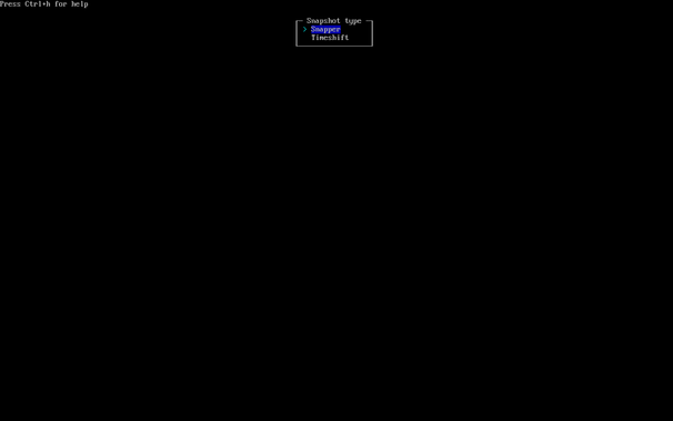 Screenshot of Archinstall menu-based installer while selecting the default backup tool for Btrfs snapshots.