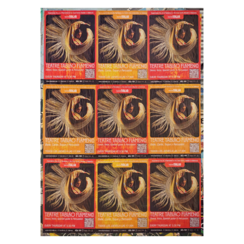 This is a portrait format colour image of nine flamenco theatre posters on a wall in Valencia, Spain. The posters - which fill the frame - are in a three by three grid, alternating in red and dark yellow details. The image at the centre of each poster is the same: a female flamenco dancer swirling with her arms in an arc and the fringe of her shawl creating another arc, giving a circular feel to the picture. Taken with a Sony RX100iii.