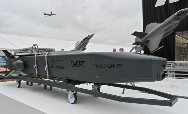 A TAURUS KEPD 350 air-launched cruise missile at the International Aerospace Exhibition in Schoenefeld, Germany