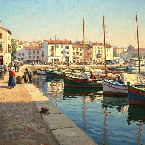 A lively harbor scene captures a bustling quay lined with colorful boats and vibrant activity along the waterfront.