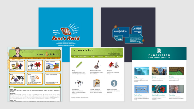 Image with five screenshots of how the front page of my website looked over the years.