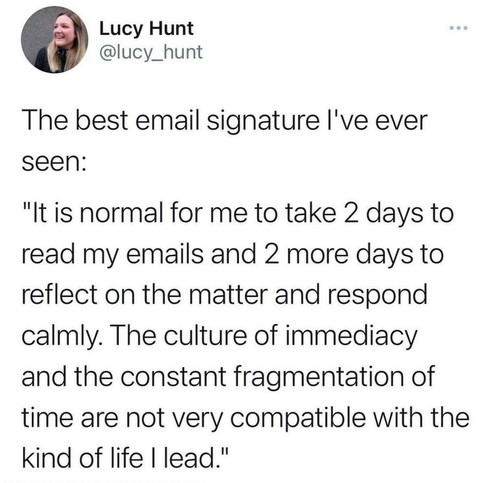 post screenshot:

Lucy Hunt @lucy_hunt 
The best email signature I've ever 
seen: 
"It is normal for me to take 2 days to read my emails and 2 more days to reflect on the matter and respond calmly. The culture of immediacy and the constant fragmentation of time are not very compatible with the kind of life I lead."