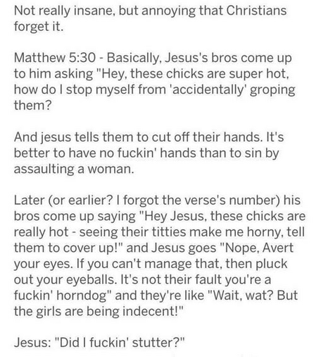 Not really insane, but annoying that Christians forget it.

Matthew 5:30 - Basically, Jesus's bros come up to him asking "Hey, these chicks are super hot, how do I stop myself from ‘accidentally’ groping them?

And jesus tells them to cut off their hands. It's better to have no fuckin’ hands than to sin by assaulting a woman.

Later (or earlier? I forgot the verse's number) his bros come up saying "Hey Jesus, these chicks are really hot - seeing their titties make me horny, tell them to cover up!" and Jesus goes "Nope, Avert your eyes. If you can't manage that, then pluck out your eyeballs. It's not their fault you're a fuckin’ horndog" and they're like "Wait, wat? But the girls are being indecent!"

Jesus: "Did I fuckin' stutter?"