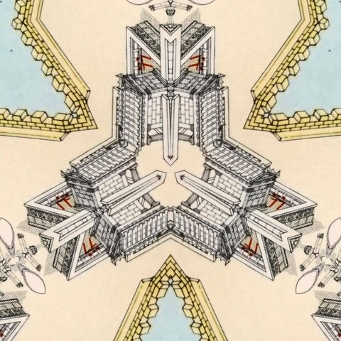 Kaleidoscopic view of an architectural drawing of a Greek monument