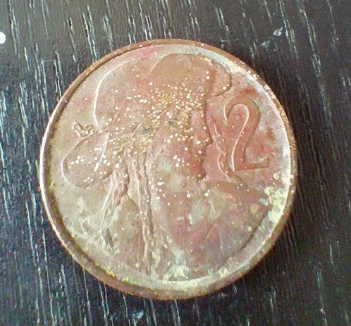 Heads of an old coin, depicting a Slovak folk hero (a thief stealing from the rich and giving to the poor), with a hat and his typical braided hair. Next to the picture is the number 2, with no currency given.