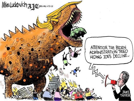 CARTOON BY MIKE LUCKOVICH

A huge orange "Trump-osaurus" (like a T-Rex with orange hair and teeth) is stomping among the carnage, burning buildings and fleeing people, with a car and people being in, or dropping from his jaws....

On the street is Jake Tapper [author of book highlighting the mental decline of Biden ]. Tapper is using a megaphone to announce: "ATTENTION, THE BIDEN ADMINISTRATION TRIED HIDING JOE'S DECLINE"