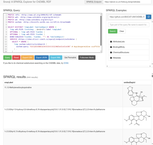 Screenshot of Ammar's Snorql UI, here wrapped around the Wikidata SPARQL instance by the QLever team, federating with the IDSM SPARQL endpoint for substructure searching, and using CDK Depict to convert the SMILES into 2D depictions in the results tables