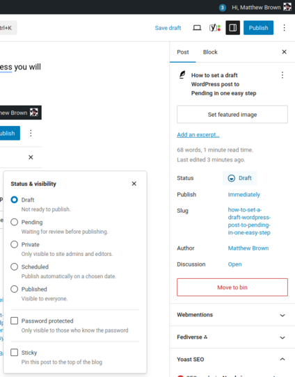 The sidebar of WordPress admin UI when changing a post's status (the Draft link has been clicked)