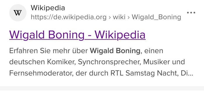 Wikipedia-Suchtreffer zu Wigald Boning, der einen Text zeigt, der so auf der Zielseite nicht auftaucht.