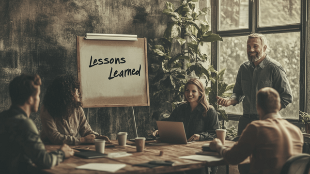 A diverse group of professionals in business casual attire, gathered in an office space with large windows and natural light. They are engaged in a lively discussion, with expressive gestures and smiling faces. One person stands next to a sign that reads "Lessons Learned" in bold, black letters on a whiteboard. Coffee cups, laptops, and notebooks are scattered on the table.
