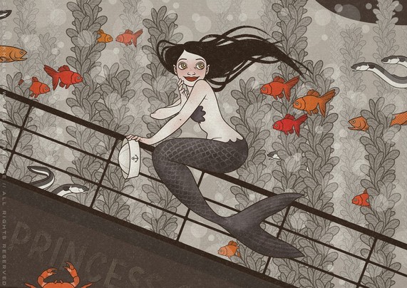 Illustration of a friendly little mermaid sitting on a shipwreck with a sailor's hat in her hand, by Iris Luckhaus