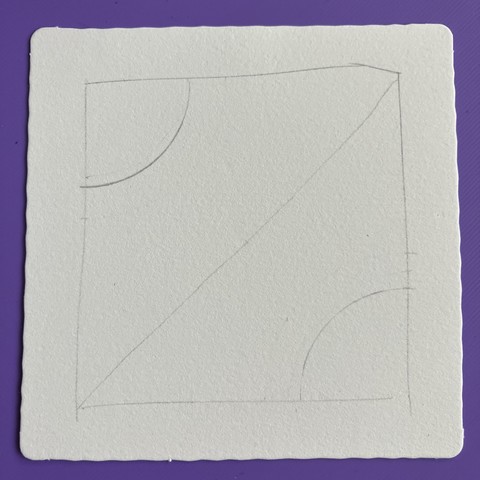 Pencil strig consisting of a square with a diagonal straight line and two small quarter circles in the corners no occupied by the straight line