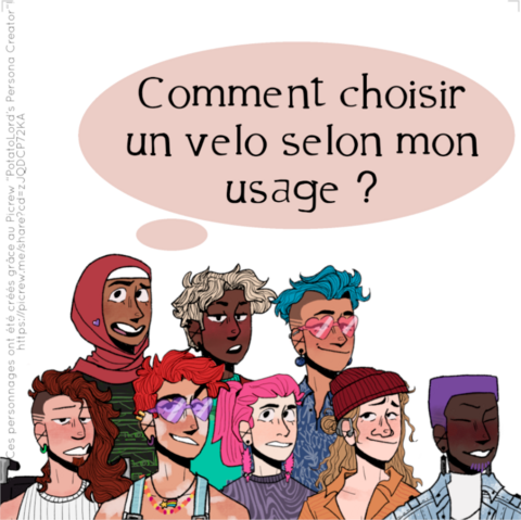 Carton de présentation. Il y a huit personnages dessinés en dessous d'une bulle "comment choisir un vélo selon mon usage ?"
Une mention sur le côté dit que les cartes personnages ont été faites avec le picrew de PotatoLord