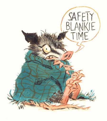 Anxious opossum with a blanket, painted in gouache and watercolor by Victoria Maderna. Speech bubble says "safety blankie time".