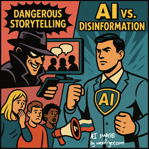 A graphic depicting two contrasting themes: on the left, a figure representing "Dangerous Storytelling" with a sinister expression and a weapon, alongside shocked onlookers. On the right, a confident character labeled "AI" standing against "Disinformation