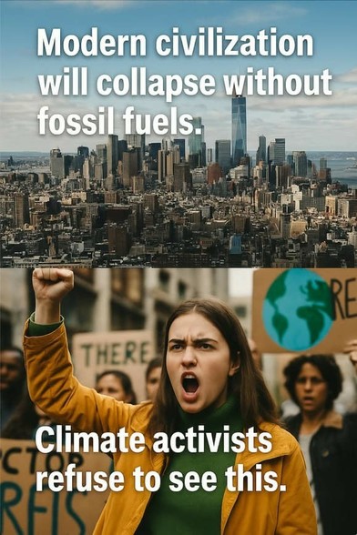 Zweigeteiltes Symbolbild. Oben eine Skyline, unten Klimaaktivisten. Darauf folgender Text (in Englisch): Die moderne Zivilisation wird ohne fossile Brennstoffe zusammenbrechen. Klimaaktivisten wollen das nicht wahrhaben.
Quelle: Labyrinth Consulting Services, Inc.