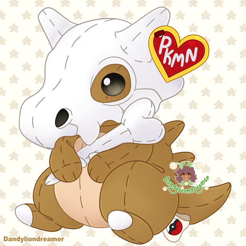 the pokemon cubone as a stuffed animal beanie baby
his red heart tag says "PKMN" while his leg tag has a regular red pokeball on it

he is holding his bone club close to his chest