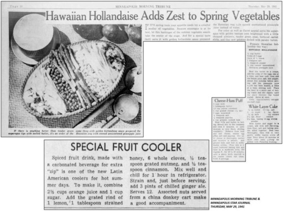 May 29, 1941: Special Fruit Cooler, Cheese Ham Puffs, Hawaiian Hollandaise & White Layer Cake