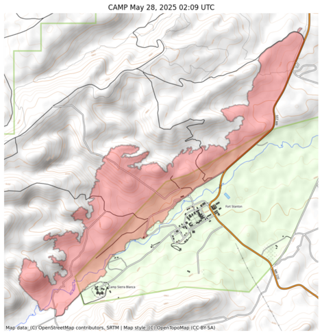 Visual map representation of the CAMP wildfire, showing the perimeters of the 877.1973762986311 acre fire on a map.