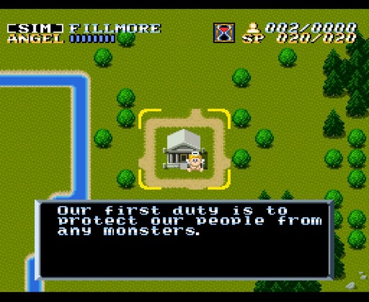 Screenshot of ActRaiser for the Super Nintendo Entertainment System. A cherubic Angel says "Our first duty is to protect our people from any monsters."