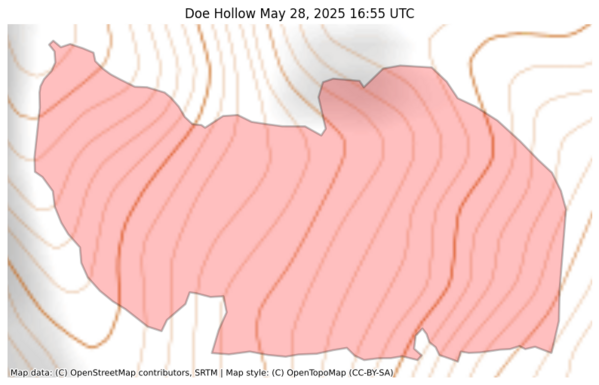 Visual map representation of the Doe Hollow wildfire, showing the perimeters of the 47.82800068273906 acre fire on a map.