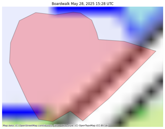Visual map representation of the Boardwalk wildfire, showing the perimeters of the 0.26 acre fire on a map.