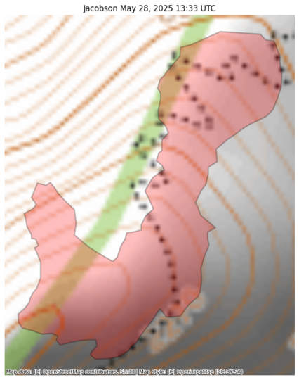 Visual map representation of the Jacobson wildfire, showing the perimeters of the 7.91017982912117 acre fire on a map.