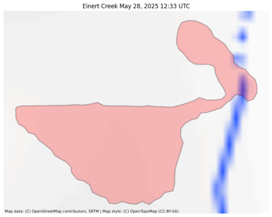 Visual map representation of the Einert Creek wildfire, showing the perimeters of the 0.95 acre fire on a map.