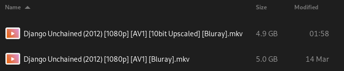 A screenshot of the sizes of my two copies of Django Unchained.  The new copy is 4.9 GB, the old one was 5.0 GB.