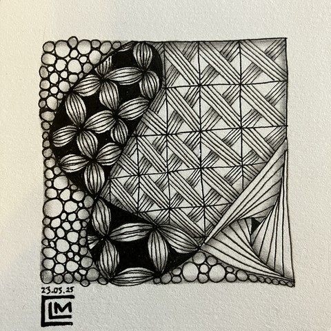 Four different Zentangle patterns fill various areas of a square divided up by an ampersand string