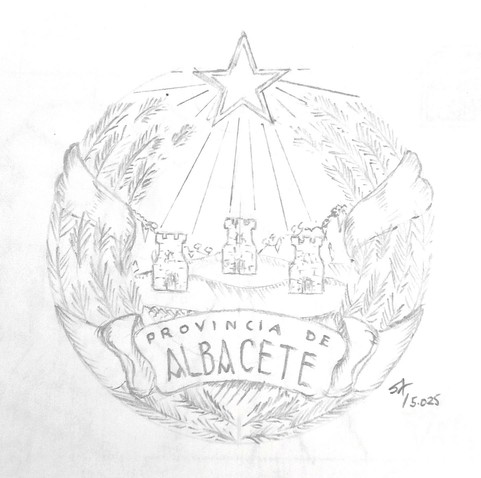 Un emblema de clara inspiración socialista. En un campo con suaves elevaciones se alzan tres torres. Al fondo hay en los laterales unas peñas con algo de vegetación. La escena la preside una estrella radiante de cinco puntas. Alrededor hay una corona de trigo abrazada por una cinta que reza "Provincia de Albacete".