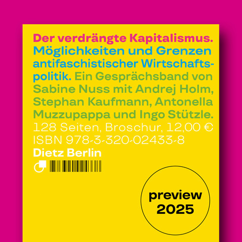 Cover des Buches »Der verdrängte Kapitalismus. Möglichkeiten und Grenzen antifaschistischer Wirtschaftspolitik«. Ein Gesprächsband von Sabine Nuss mit Andrej Holm, Stephan Kaufmann, Antonella Muzzupappa und Ingo Stützle