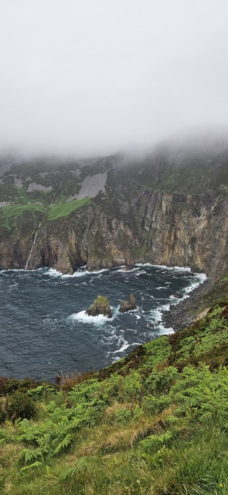 A dramatic coastal cliff scene shrouded in mist, with steep rocky cliffs dropping into the churning Atlantic Ocean. The foreground features lush green ferns and grasses, while the background fades into low clouds and fog, obscuring the tops of the cliffs.