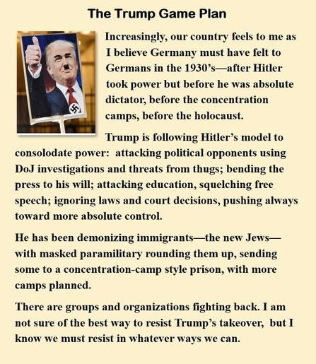 A meme with photo of Trump on a mock-up of a WWII Nazi poster on a stick.  Trump has the Hitler mustache and  swastika button.  The meme reads:

The Trump Game Plan

Increasingly, our country feels to be as I believe Germany must have felt to Germans in the 1930's - after Hitler took power but before he was absolute dictator, before the concentration camps, before the holocaust.

Trump is following Hitler's model to consolidate power: attacking political opponents using DoJ investigations and threats from thugs; bending the press to his will; attacking education, squelching free speech; ignoring laws and court decisions, pushing always toward more absolute control.

He has been demonising immigrants -- the new Jews -- with masked paramilitary rounding them up, sending some to concentration-camp style prison, with more camps planned.

There are groups and organizations fighting back.  I am not sure of the best way to resist Trump's takeover, but I know we must resist in whatever ways we can.