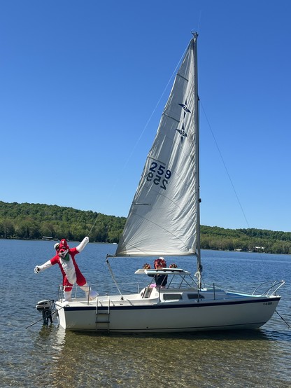 A picture of two fursuiters on a sailboat on a lake.