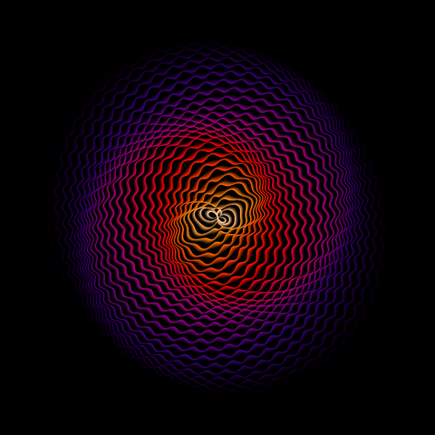 Oval-shaped arrangement of colourful waves with a double spiral effect, black background.