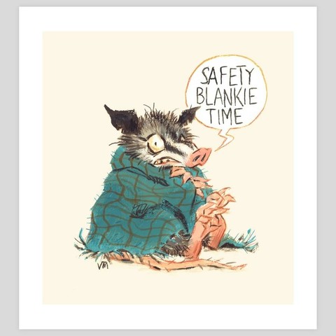 Print of anxious opossum with a blanket, originally painted in gouache and watercolor by Victoria Maderna. Speech bubble says "safety blankie time".