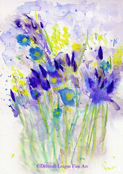 Spring Wildflowers impressionistic watercolor. Vibrant purple and yellow blooms burst from the canvas against a blustery sky.