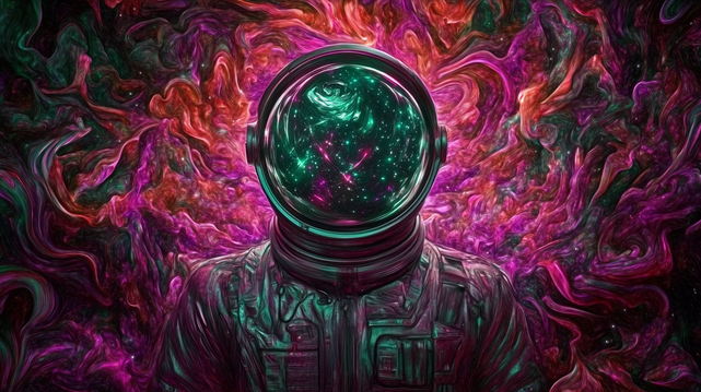 Nébuleuse intérieure.
Portrait cosmique d’un astronaute dont le casque reflète un univers étoilé, entouré de tourbillons psychédéliques aux teintes vives.
Cosmic portrait of an astronaut with a star-filled helmet, surrounded by vivid psychedelic swirls.