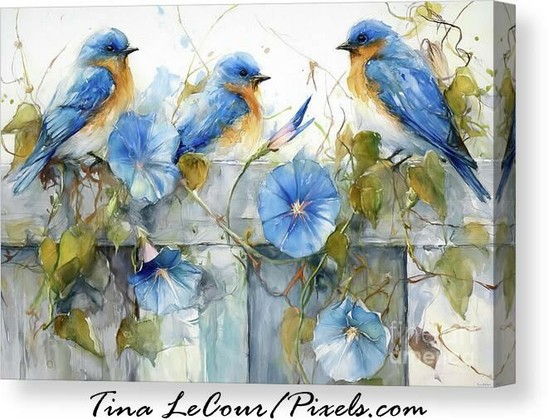 This is a watercolor canvas of three eastern bluebirds perched on a fence with morning glory flowers.
