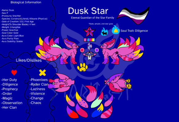 A pink furred kitsune with pink and purple eyes, white teeth and tongue, 9 multicolored tails each with its own pattern.