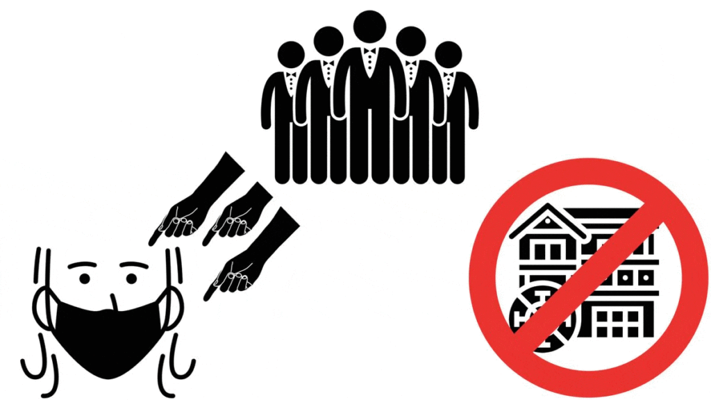 An illustration of how the establishment deflects criticism. A group of well-dressed powerful men point towards a graphic of a person wearing a mask and an airplane dropping bombs on a building while ignoring two other graphics depicting society's role to protect its citizens from pandemics and a well-designed building with good ventilation.